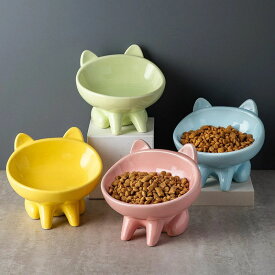 セラミック製ペット用フードボウル 猫耳デザイン 傾斜・高さ付き 食べやすい 陶器製 多色展開 おしゃれ 犬猫兼用
