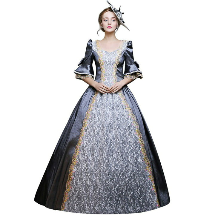 楽天市場 貴族服 ヨーロッパ風 ワンピース ロング丈 背中見せ 編み上げ仕様 7color 黒 ネイビー 金色 花柄 ベルスリーブ 7分袖 現代劇演出服 お姫様 女王様 王族服 復古風 中世期風 洋服 パーティードレス クリスマス 撮影用 ニュースタンダード楽天市場店
