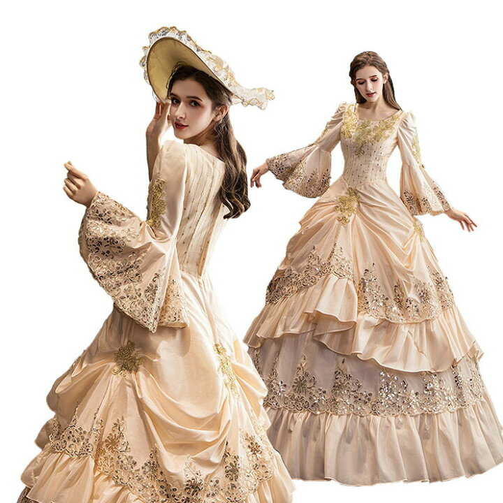 楽天市場 ワンピース 貴族服 ヨーロッパ風 ロング丈 現代劇演出服 お姫様 女王 王族服 復古風 中世期風 洋服 パーティードレス ステージ衣装 舞台衣装 オペラ声楽 演奏会 イベント衣装 文化祭 ベージュ 花柄 ベルスリーブ 長袖 素敵 仮装 クリスマス 撮影用 帽子 パニエ