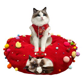 キャットトンネル 猫用トンネル ドーナツ型 折りたたみ式 S字・円形・半円対応 省スペース設計 吊り下げボール付き 覗き穴付き 猫 おもちゃ 遊び・隠れ家・寝床 多機能キャットトイ 直径80cm トンネル径25cm レッド ダークレッド 正月カラー 室内猫用