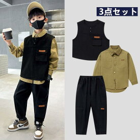 お取り寄せ商品 子供服 男の子 3点セット 120/130/140/150/160/170 ベスト シャツ デニムパンツ 長袖シャツ 長ズボン ウエストゴム コットン シンプル おしゃれ クールネックベスト 開襟シャツ キッズファッション 秋服