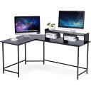 【在庫一掃セール】Newvalue L字パソコンデスク ゲーミング pcデスク オフィスデスク ホームオフィス ワークステーション ゲームデスク モダン 可動式シェルフ モニタースタンド付 スチール 簡単組立 ブラック アジャスタブルパッド 最大耐荷重100KG お手入れ簡単