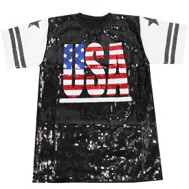 アメリカ国旗柄 Tシャツ 半袖 スパンコール USA ダンス衣装 ゆったり フリーサイズ シルバー レッド ブラック 男女兼用 裏地つき 送料無料