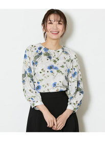 【L】ルミナスフラワープリント 8分袖シャーリングブラウス NEWYORKER WOMEN L-SIZE ニューヨーカー エルサイズ トップス シャツ・ブラウス ブルー ホワイト【送料無料】[Rakuten Fashion]