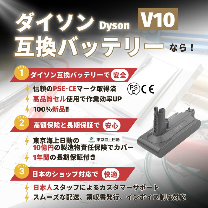 楽天市場】ダイソン V10 バッテリー Fluffy SV12 互換 25.2V 4000mAh 
