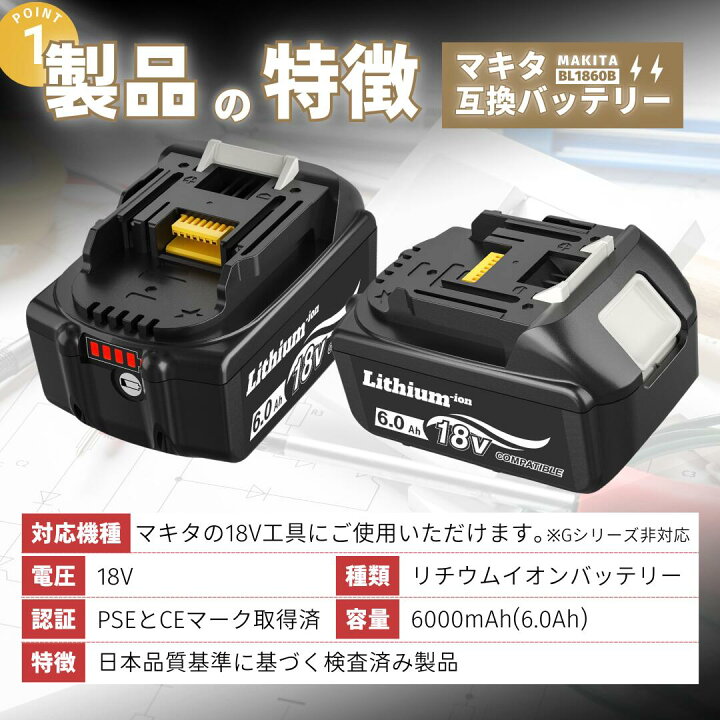 楽天市場】マキタ 互換 バッテリー 充電器セット 2口充電器 BL1860B 4  