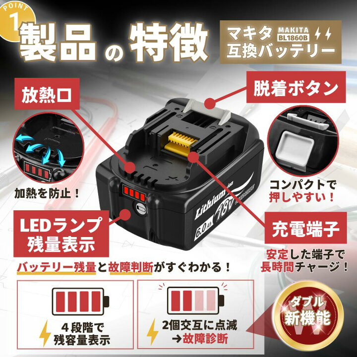 楽天市場】マキタ 2口充電器 BL1860B 互換 バッテリー 充電器セット 大 