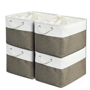 収納ボックス 収納バスケット 収納かご 4個セット 幅40×奥行30×高さ24cm 巾着式ふた付き 折りたたみ 大容量 収納ケース おしゃれ 天然綿麻 無臭 服/小物/衣類/CD/DVD/マンガ/書類/おもちゃ クロ