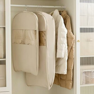 衣類カバー 洋服カバー スーツカバー 透明窓付き ファスナー圧縮 耐久性 ロング 形崩れ防止 洗える 防塵防湿 (Beige, M+L 2枚組)