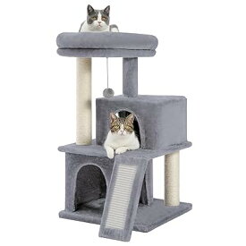 キャットタワー ミニ 小型 シニア 猫タワー 低い 猫 2段ベッド ペットタワー スリム コンパクト 据え置き 玩具 おもちゃ 多頭飼い 麻紐 猫の家 爪とぎポール スロープ 省スペース 子猫 安定性 高さ86cm グレー