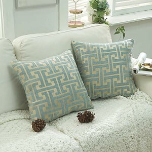 クッションカバー シェニール生地 幾何学模様 モノグラム柄 おしゃれ 柔らかい北欧 可愛い ピロケース 車 椅子 インテリア飾り 2枚セット (ライトブルー, 45x45)