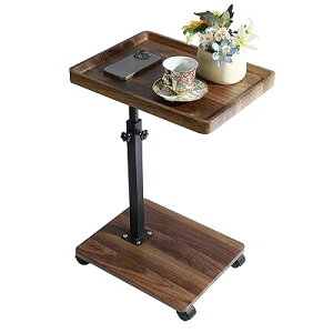? サイドテーブル キャスター付き ベッドサイド テーブル 昇降式 木目調 簡易テーブル コの字型 高さ調節可能 移動便利 小さい 一人暮らし 食卓 小型 (ダークブラウン 40*30*45~85cm)