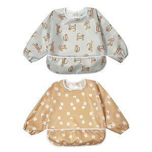 長袖エプロン お食事ベビーエプロン 食事用 防水 立体ポケット 軽量 速乾 子供用 保育園用 幼稚園用6-36ヶ月(2枚セット) (長袖 ハトとトラ)