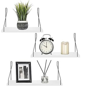ウォールシェルフ 天然木 壁掛け棚 鉄製 ワイヤー壁棚 賃貸 飾り棚 壁面収納 無痕釘 ネジ 木製 (ホワイト, 3個セット)