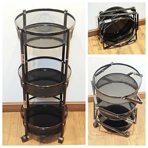 キッチンワゴン スチール製ボデイ 折畳3段タイプ 耐荷重30KG 幅34.5cm×奥行34.5cm×高さ87.5cm シンプルさ 収納ワゴン スチール製ボデイ キャスター付き スムース移動 小物収納 完成品 組立不要 折