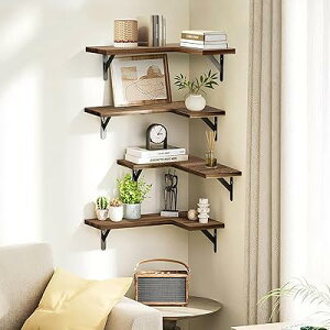 ウォールシェルフ、L型 長辺41*短辺25*断面19、 壁掛け棚、収納バスケット付き 壁 棚 ラック 4個セット 天然木製 おしゃれ 吊り下げ収納 多機能 キッチン/洗面所/トイレ/寝室 取り付け簡単 タ