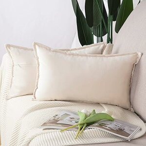 クッションカバー 2枚セット 北欧 柔らかい ビロード無地 背当て 装飾 枕カバー 座布団カバー ソファ用 寝室用 30*50 CM ベージュ