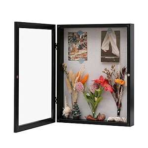 8×10インチ シャドーボックスフレーム リネンバック付き 木製ガラスディスプレイケース メダル 写真 記念品 賞用 ピン付き ブラック