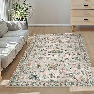 カーペット 洗える 140х200cm 薄手 ラグ 約1.5畳 モダン ふわふわ 滑り止め 防音 抗菌防臭 室内用 長方形 ラグマット オールシーズン適用 花 蝶 トンボ 昆虫 動物柄 ベージュ