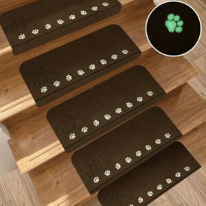 階段マット 階段 滑り止めマット 犬猫階段滑り止めマット 蛍光 15枚 滑り止め 折り曲げ 防音 洗える キズ防止 可愛い猫 約55x22cm 15枚セット 厚さ4mm おしゃれ 吸着 騒音対策 厚さ4mm (55x22cm, Brown)