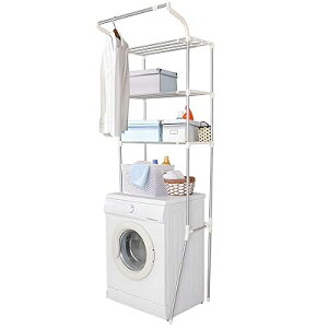 ランドリーラック 洗濯機ラック 収納棚 棚2段 横幅伸縮可能 ハンガーバー付き ステンレス製 幅62~103*奥行49.5*高さ173cm 省スペース 洗面所 脱衣所 幅98cmまでの洗濯機対応 (ホワイト, 棚3段)