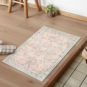 玄関マット 室内 ペルシャ風 ラグマット 洗える 50х80cm 小さい おしゃれ 長方形 滑り止め 低反発 防音 屋外 泥落とし オールシーズン適用 耐磨耗性 軽量 花柄 コーラルピンク