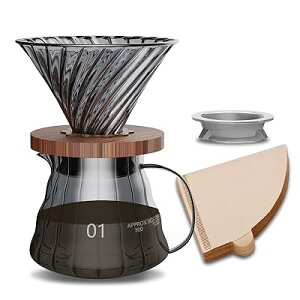 コーヒーサーバー 耐熱ガラス 木製ホルダー コーヒードリッパー 360ml 目盛付き 1人用 コーヒー ドリップ 器具 コーヒー ドリップ道具 フタ付き ハンドドリップコーヒーサーバー コーヒード