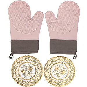 鍋つかみ ミトン耐熱 オーブンミトン 耐熱 業務用 シリコン オーブン手袋 おしゃれ キッチングローブ 北欧 防水 防汚 滑り止め 左右兼用 2枚セット (ピンク, Free size 高さ28cm×幅19cm)