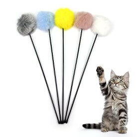 猫おもちゃ うさぎ毛ボール付き猫じゃらし 5本セット – 天然ラビットファー製 丸形ふわふ