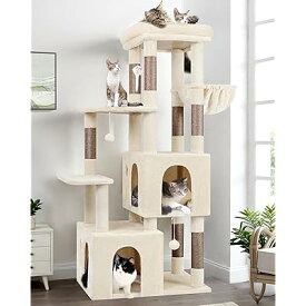 キャットタワー 据え置き シニア 猫タワー 大型猫用 猫タワー 多頭飼い 大型 多機能 登りやすい 高さ155cm 2ハウス 展望台 爪とぎポール7本 ハンモック付き 転倒防止 ベージュ