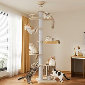 キャットタワー 突っ張り ネコタワー 木製 スリム 宇宙船付き ハンモック 大型猫 爪とぎ 多