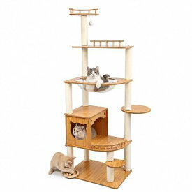 キャットタワー 木製 スリム 宇宙船付き 大型猫用 人気 猫タワー 据え置き 天然麻ロープ 猫ハウス 爪研ぎ キャットウォーク 多頭飼い 高い安定性 お手入れ簡単 高さ約160cm (ホワイト, 160cm)
