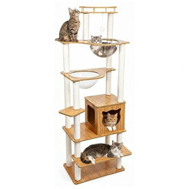 キャットタワー 木製 スリム 宇宙船付き 高さ約170cm 大型猫用 猫ハウス 猫タワー 据え置き 白綿縄 爪とぎ 多頭飼い