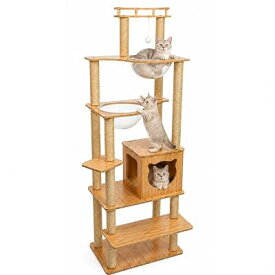 キャットタワー 木製 スリム 宇宙船付 高さ約170cm 大型猫用 猫ハウス 猫タワー 据え置き 天然麻ロープ 爪とぎ 多頭飼い
