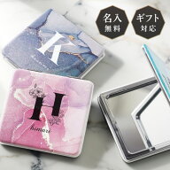 【オーダーメイド】大理石調 名入れ ミラー ダブルミラー 拡大鏡 コンパクトミラー ハンドミラー 名入無…