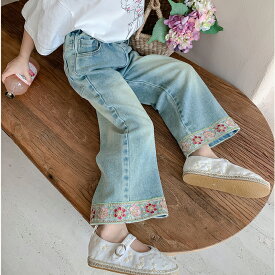 女の子 ワイドパンツ デニムパンツ ロングパンツ ズボン 可愛い 花柄　刺繍　子供服　学生 キッズ ボトムス 子供用パンツ パンツ ジーンズ生地 ジーパン ウエストゴム ハイウエスト　カジュアル　ゆったり　ガールズ 春夏秋 ファッション ボトムス 通学 お出かけ