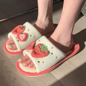 レディース ストロベリースリッパ 装飾 リネン ルームシューズ 前開き かわいい イチゴ キュート ハウススリッパ 夏 四季 おしゃれ 来客用 軽量 静音 屋内 家庭用スリッパ 屋外屋内