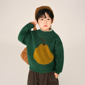秋 冬 キッズ 男の子 丸首 セーター ニット 梨柄 果物柄 グリーン 長袖 トップス 防寒 服 ジュニア クリスマス 新年 プレゼント