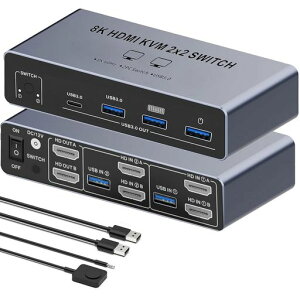 8K HDMI KVM�ؑ֊� 2���j�^2�R���s���[�^ HD 2����2�o�̓X�C�b�` 4��USB 3.0�|�[�g�̂���2��̃R���s���[�^��2���j�^/�L�[�{�[�h/�}�E�X/�v�����^�����L �e�����[�N/�v���O���~���O/���Z���/�c