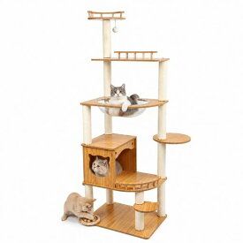[ChicKone] キャットタワー 木製 スリム 宇宙船付き 高さ約160cm 大型猫用 猫ハウス 猫タワー 据え置き 白綿縄 爪とぎ 多頭飼い