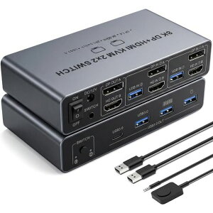 8K HDMI Displayport KVM�ؑ֊� 2���j�^2�R���s���[�^ HD DP 2����2�o�̓X�C�b�` 4��USB 3.0�|�[�g�̂���2��̃R���s���[�^��2���j�^/�L�[�{�[�h/�}�E�X/�v�����^�����L �e�����[�N/�J��/�f������c