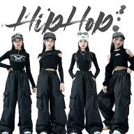 黒系キッズダンス衣装 女の子用 長袖ス セットアップ カーゴパンツ ロングパンツ へそ出しデザイン 子供…