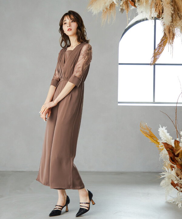 円 オープニング 結婚式 オールインワン パーティードレス ワイドパンツ パンツドレス レース袖 七分袖 タック 切り替え ロング丈 袖あり Vネック ロングパンツ オケージョン 1 5次会 春 夏 秋 冬 二次会 謝恩会 成人式 同窓会 女子会 お呼ばれ 体型カバー ゴム 入学