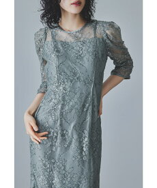 フラワーエアリーレースドレス パーティードレス 結婚式 ワンピース 総レース 花柄 ボリューム袖 マーメイドスカート バックリボン お呼ばれ パーティー 二次会 披露宴 謝恩会 成人式 同窓会 卒業式 フォーマル オケージョンドレス 袖あり 七分袖 ロング丈 春 夏 秋 冬