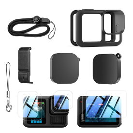 HERO13用 保護セット シリコンケース 9H強化ガラス セット ブラック レンズカバー付き GoPro Hero 13 アクセサリー GoPro 13 ケース 保護カバー シリコン ヒーロー13 フレーム スポーツカメラ デジタルカメラ 小型カメラ 全面保護 薄型