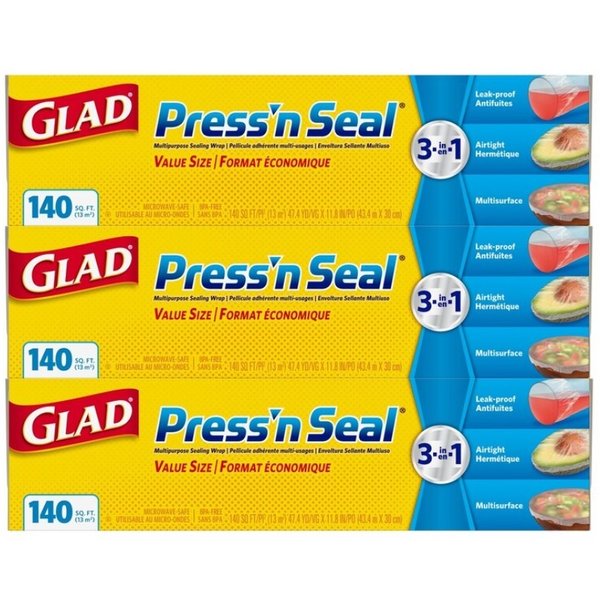 GLAD Press'n Seal Glad 最大87％オフ！ ラップ 3本セット 世界有名な プレスアンドシール 多用途フード保存ラップ 43.4m