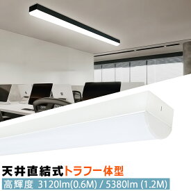 【60cm/120cm長さ可選・送料無料】LEDベースライト トラフ一体型 高輝度 天井直付型 蛍光灯照明器具 天井照明 薄型 施設用 省エネ 防塵 防虫 40W形 20W形 黒白2色