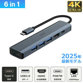 2025最新 USB ハブ Type-C 6in1 60Hz 4K HDMI USB3.0 PD対応 LAN 1Gbps ポート hub ドッキングステーション 高解像度 USB-C ハブ 変換 USB-C アダプタ 有線LANアダプター 有線接続 スマホ iPhone15 pro max MacBook iPad air Pro Surface Android ノートPC nintendo switch
