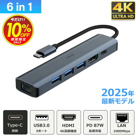 2025最新 USB ハブ Type-C 6in1 60Hz 4K HDMI USB3.0 PD対応 LAN 1Gbps ポート hub ドッキングステーション 高解像度 USB-C ハブ 変換 USB-C アダプタ 有線LANアダプター 有線接続 スマホ iPhone15 pro max MacBook iPad air Pro Surface Android ノートPC nintendo switch