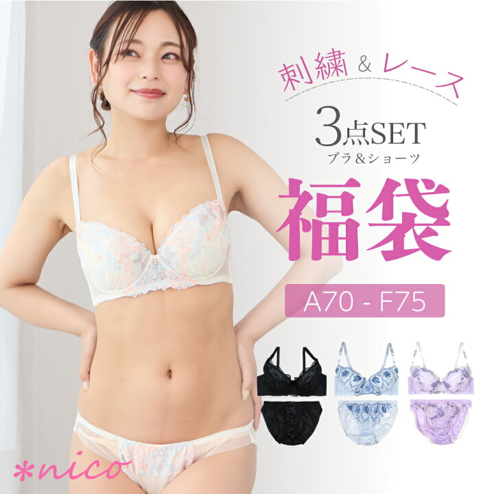楽天市場 送料無料 沖縄は追加送料 ブラ 福袋 フェミニン 刺繍ブラ 3セット 下着福袋 22 ブラ ショーツ 3組入り 福袋 メール便不可 ブラセット ブラ ショーツ ブラジャー ショーツ セット ブラ福袋 下着 レディース 大きいサイズ 可愛い下着 Nicoインナー